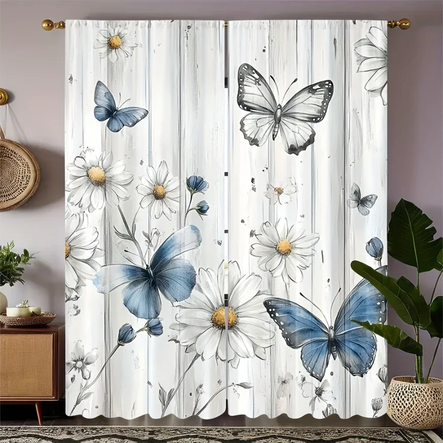 Elegant Floral Butterfly Print Curtains for Living Room Home Decor Light Filtering Window Drapes