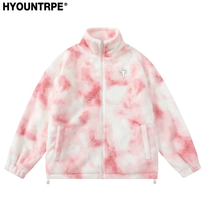 Men Hip Hop Fleece Jackets Coats Streetwear Tie Dyed Stand Collar Jacket Parka Zipper Winter Hairy Jacket Coat Outerwear Hipster