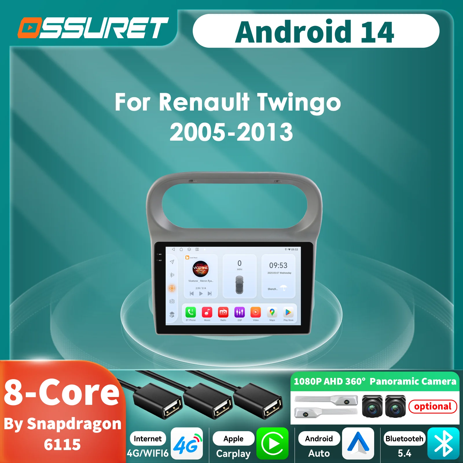 6115 Carplay Android 14 autoradio per Renault Twingo 2005-2013 lettore multimediale di Snapdragon 8Core GPS Stereo 360 Cam Screen