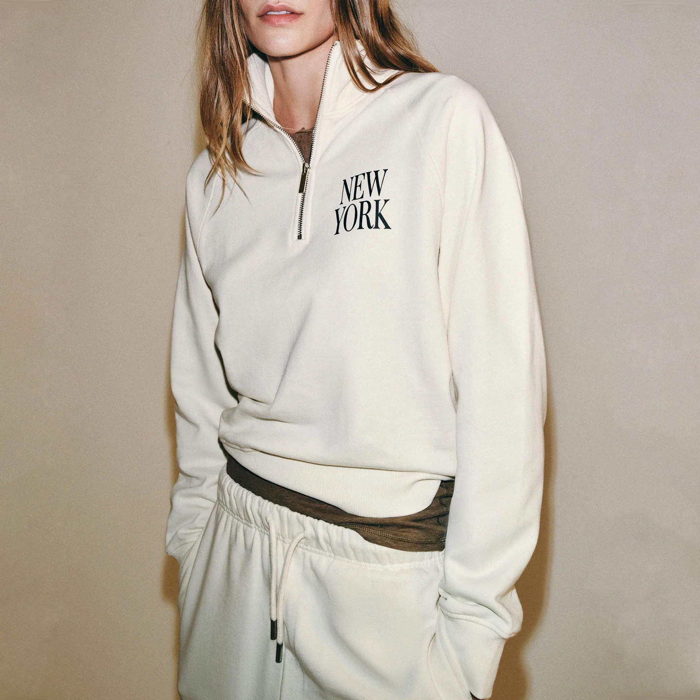 Women's Fashion Sweatshirt Zipper Design Long Sleeve Stand Collar Color Block Elastic Waist Belted Straight Leg Pants Set