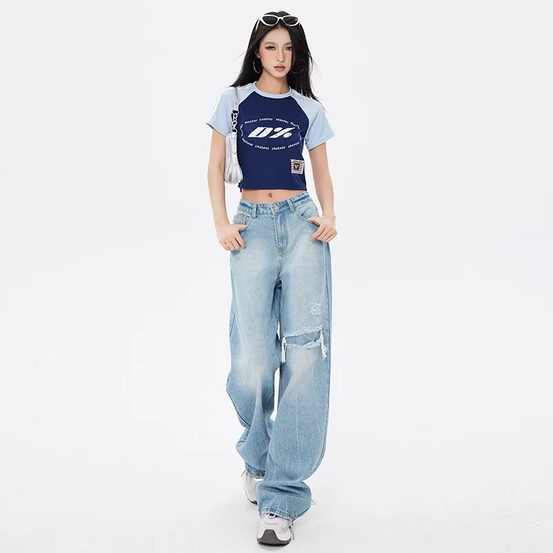 Y2K Baggy Jeans für Damen, Hellblaue Weite Denim-Hose mit Mittelhohem Bund, Locker Sitzende Jeans mit Ausgefranstem Saum, Gerade Geschnittene Jeanshose
