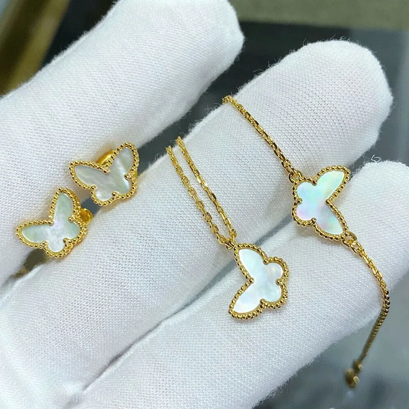 

High Quality S925 Pure Silver White Fritillaria Mini Butterfly Necklace Bracelet Earrings Women's Fashion Exquisite Jewelry Set