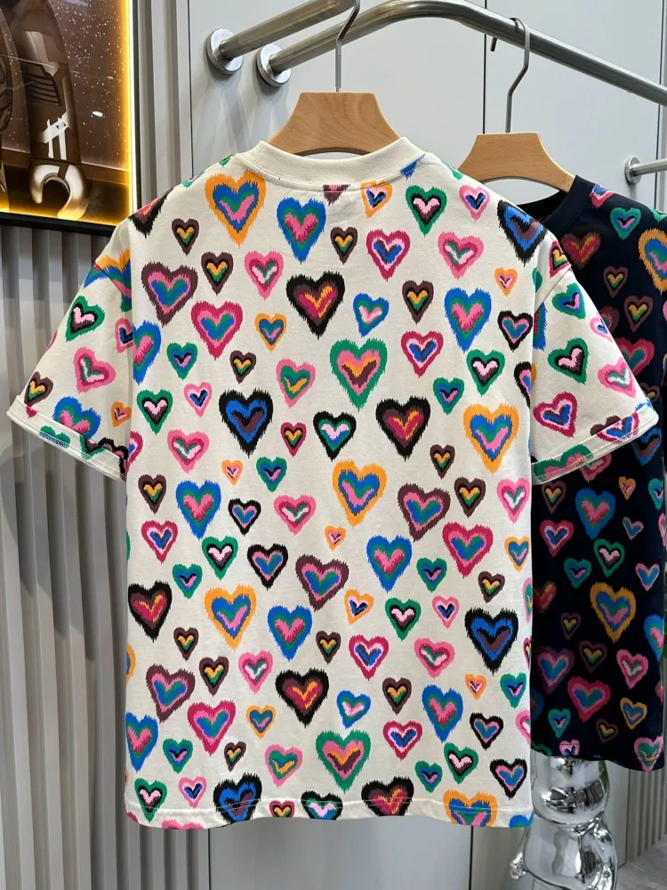 Fashion Colorful Heart Shaped Print Casual T Shirt Male O Neck Short Sleeve Cotton Pullover Tees Top Streetwear Summer T Shirts