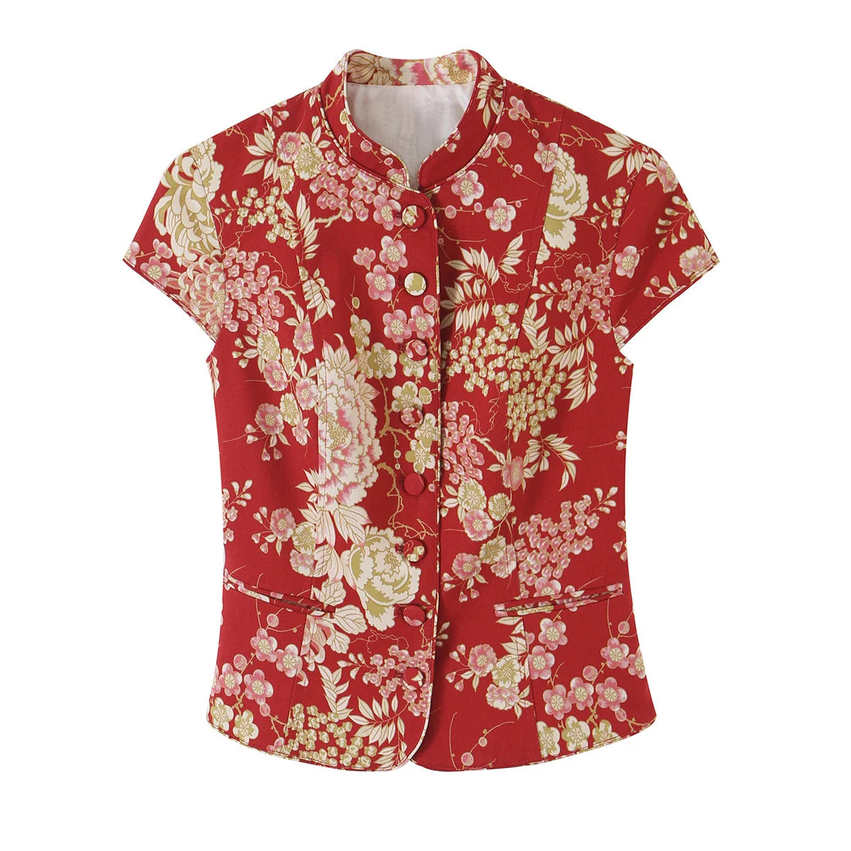 KLKXMYT Lässige, schicke Damenweste mit Blumenmuster, einreihig, modisches Oberteil, Sommer 2026, Kurzarm-Streetwear-Weste. – Detail 3