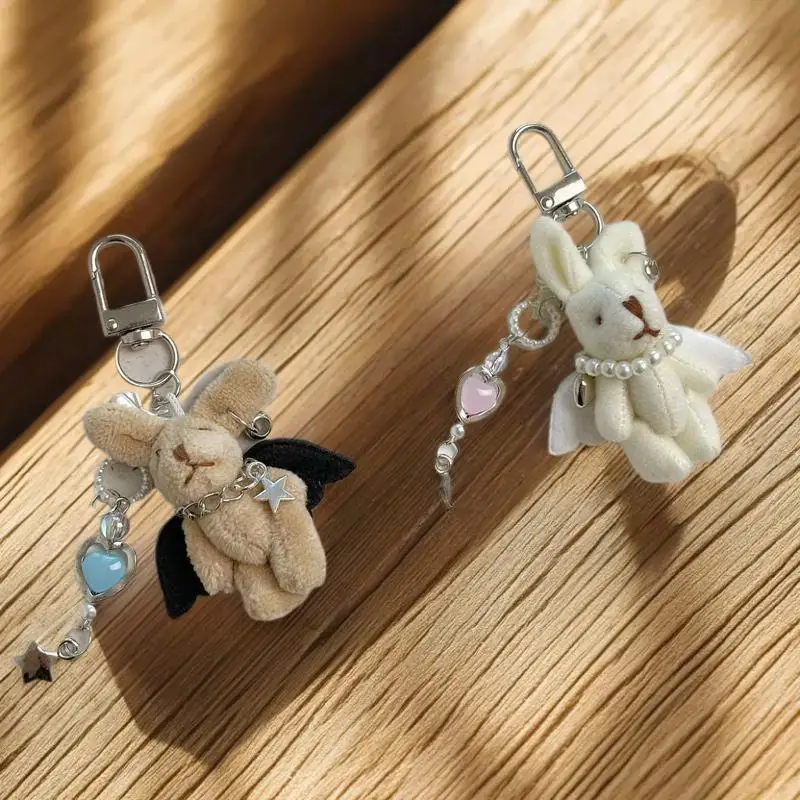 Stylish Punk Angel Bunny Soft Keychain Pendant Telephone Chain Backpack Charm Trendy Female Bag Hanging Pair Accessory Souvenir view 4