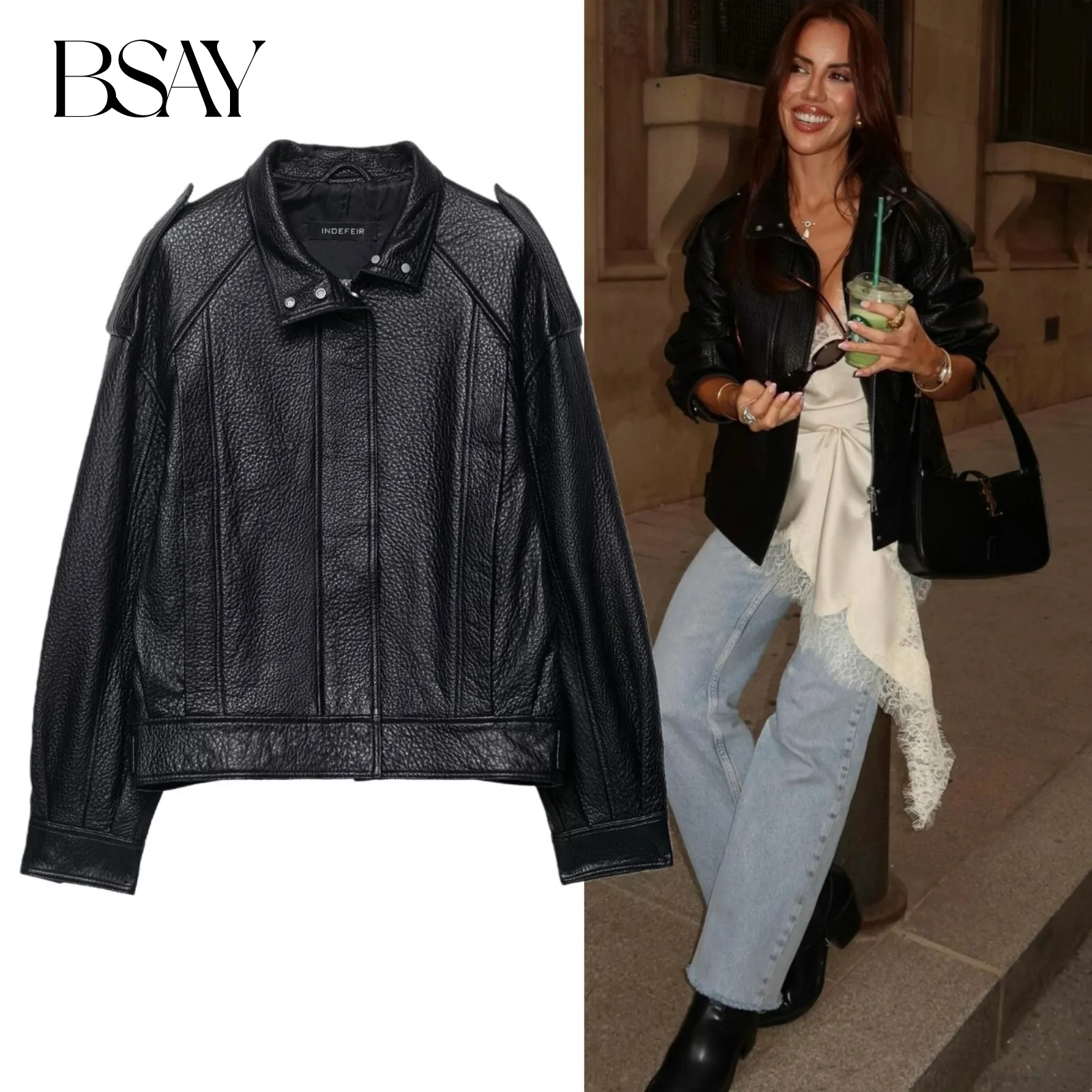 

BSAY black faux Leather Bomber Jacket Women Fashion Autumn Winter New Long-sleeved Lapel Zip PU Short Coats Chic Female Tops