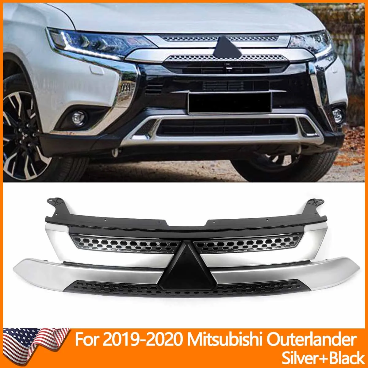 

Fits 2019-2020 Mitsubishi Outlander Front Bumper Upper Grille Grill Silver+Black