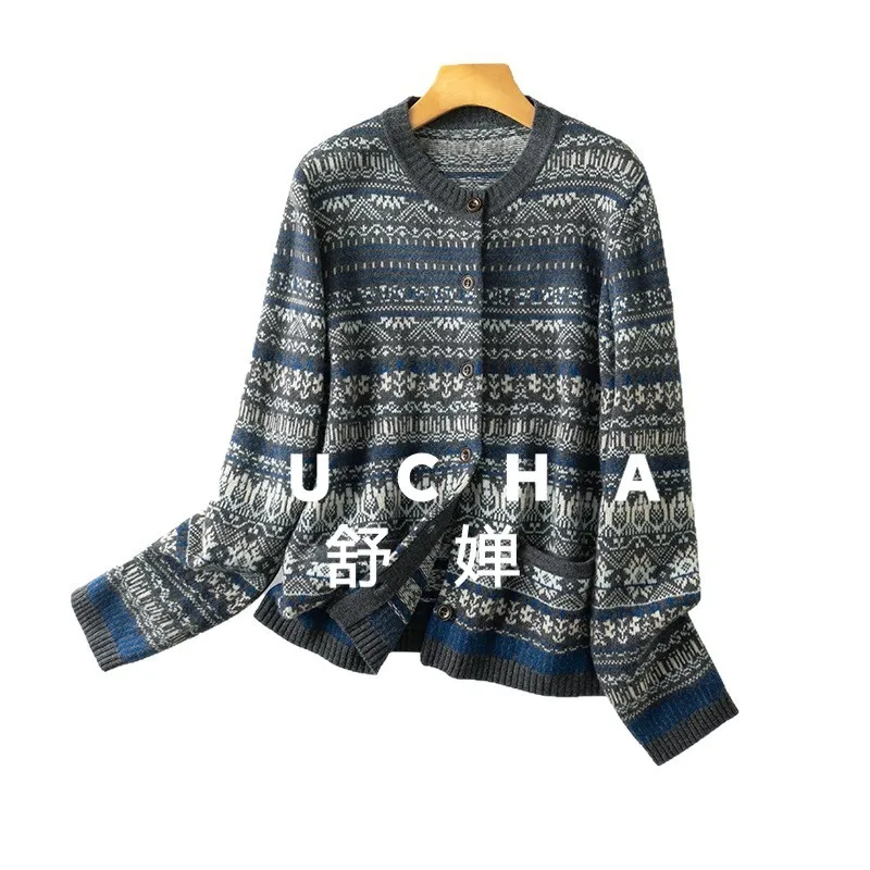 

100% Woo, новинка зимы 202, осень и зима, новый жаккардовый кардиган с круглым вырезом в скандинавском стиле Fair Island, женский