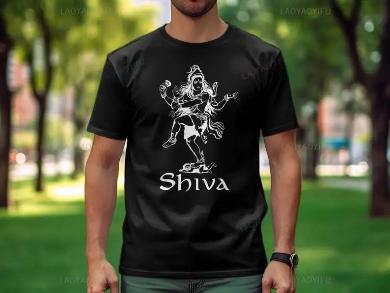 Shiva Hindu Deity Spiritual Black Cotton Graphic Tshirt Indian Mythology Lord Shiva Illustration Woman Man Shirt Yoga Wear Tops