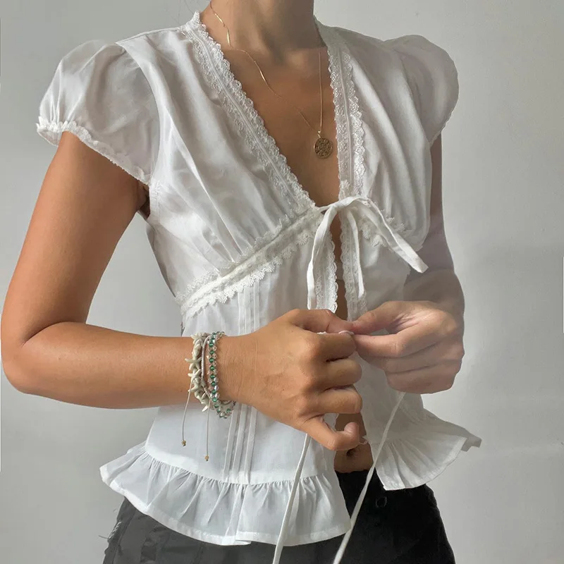 Y2K 하라주쿠 레이스 패치워크 레이스 트림 프론트 타이업 셔츠 여름 카와이 민소매 크롭탑 여성용 프레시 스윗 러플 엣지 탱크탑