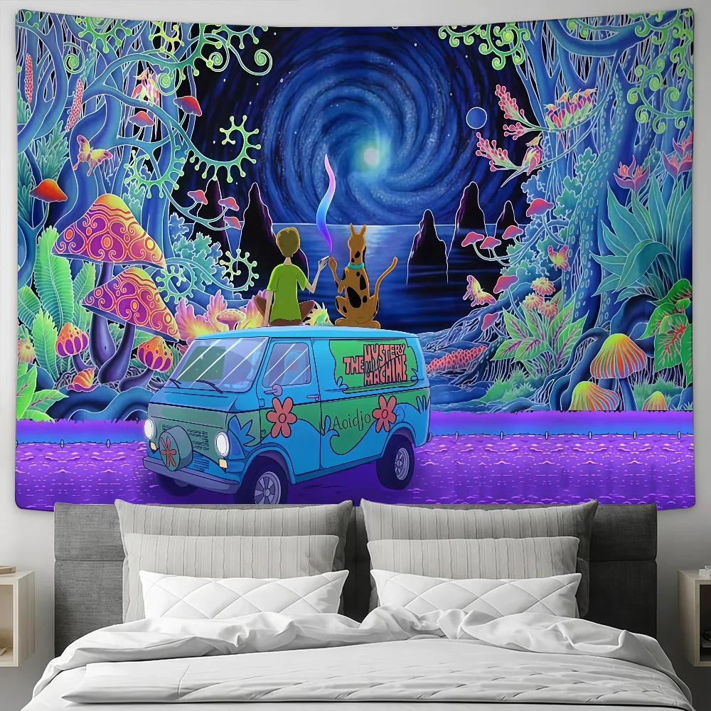 Bandera de cumpleaños de Scooby-Doo con diseño de bosque de hongos de dibujos animados de WB, decoración personalizada para jardín y camping, telones de fondo para fiestas, arte de pared, regalos familiares