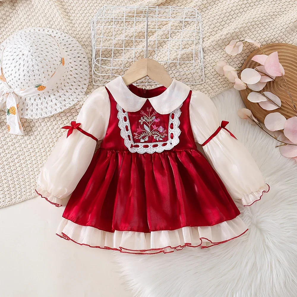 New Girls\' DressFall Doll Collar Lace Bow Ribbon Bubble Sleeve Lace Collar Pastoral Style Embroidery Birthday Party Dress