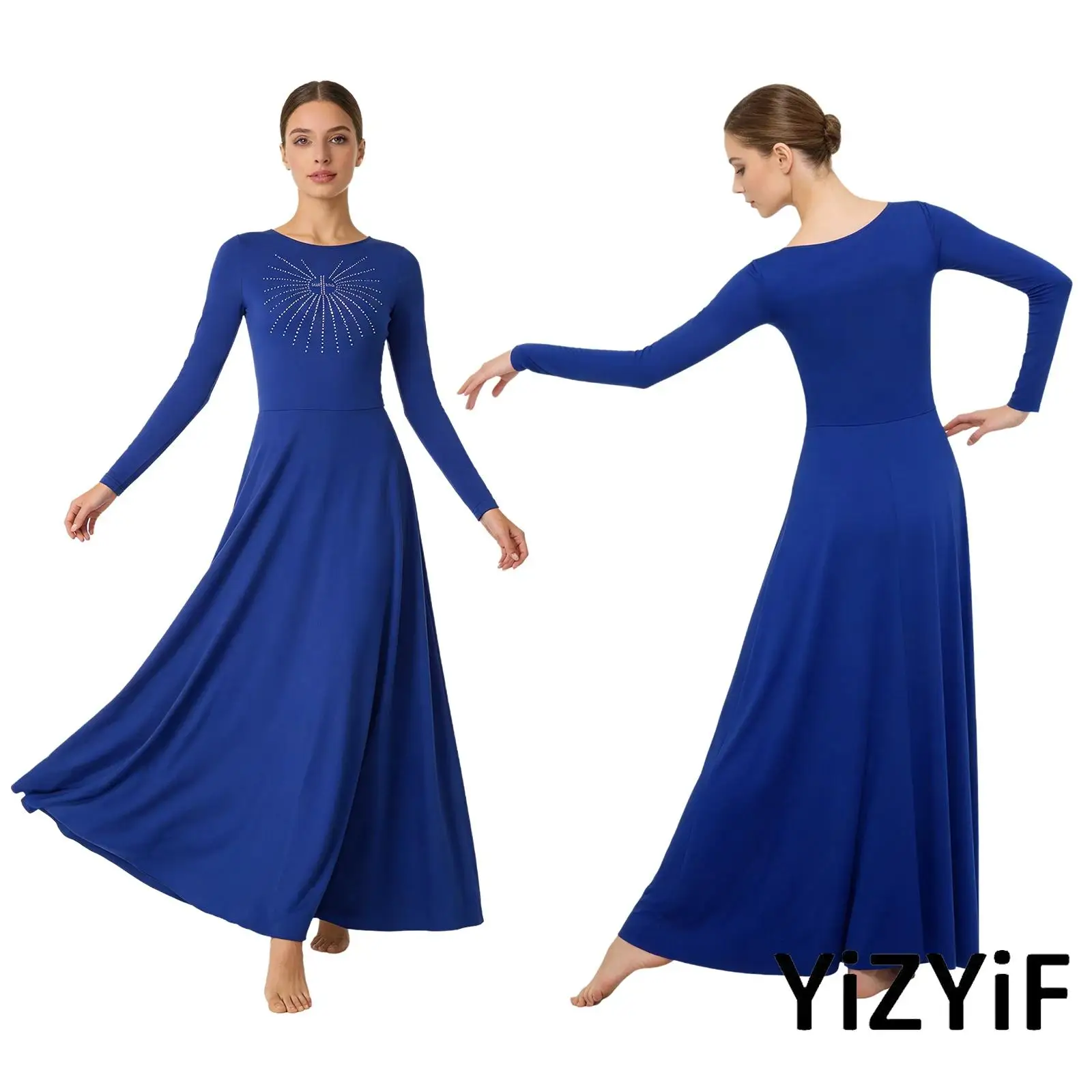 

Womens Liturgical Praise Dance Dress Front Rhinestones Long Sleeve Maxi Dress Tunic Dress for Church Worship Choir Pray Events