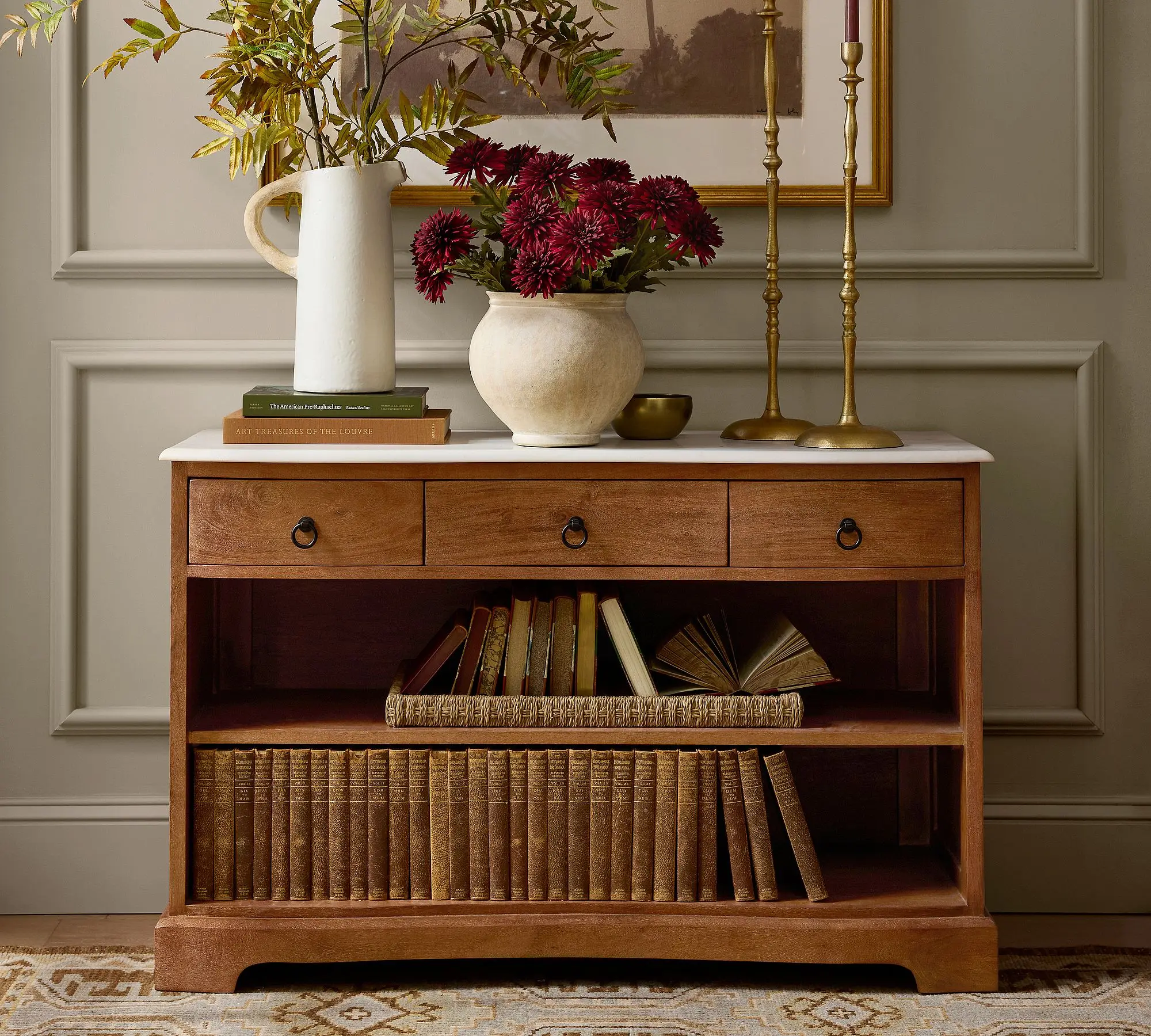 *Contract Grade  Frame Natural Marble Top 3 Drawers Anti-tip Kit Included Brown Finish Entryway Wood Console Tables