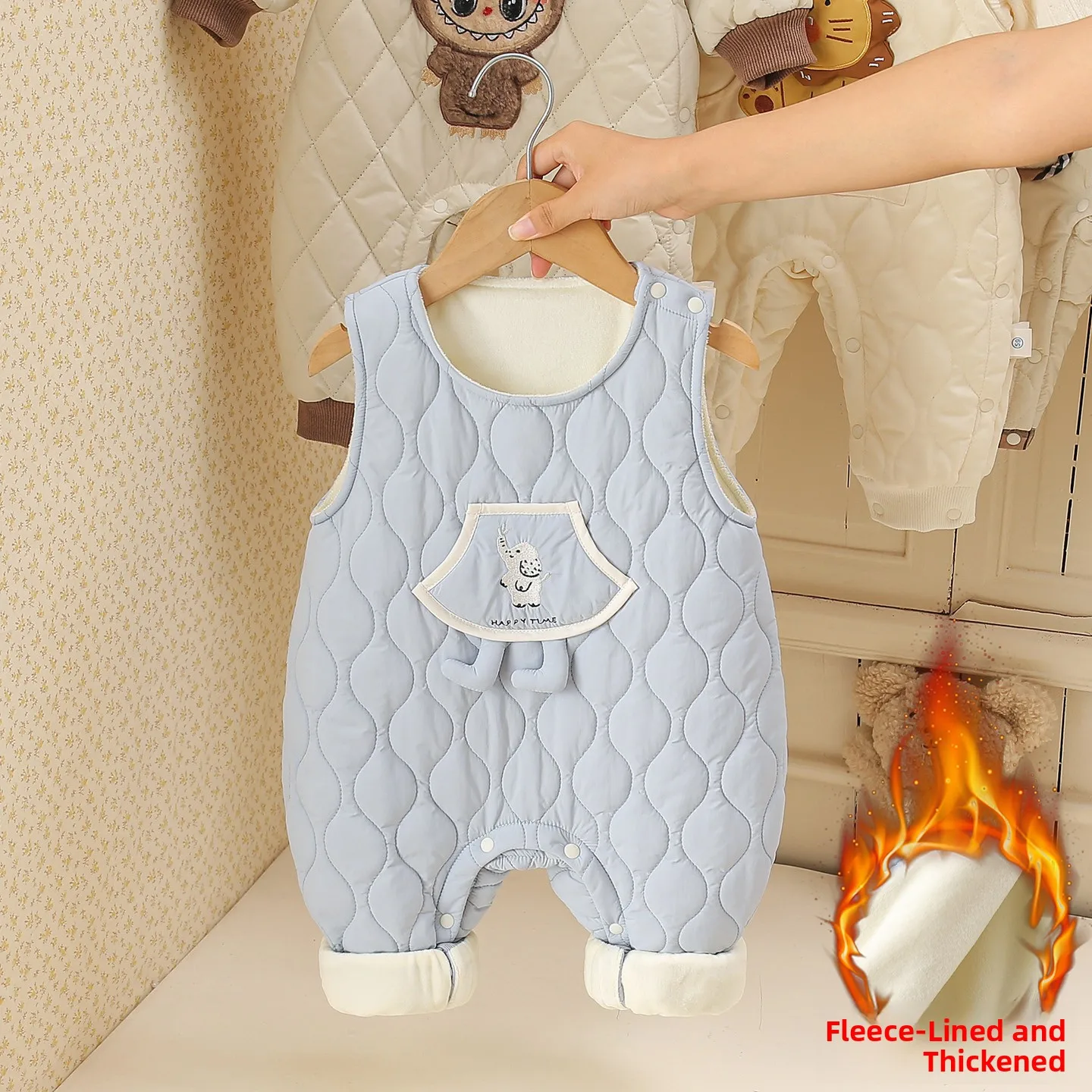 

Baby Boy's Cotton Filled Vest Autumn Winter Long Sleeve round Neck T-Shirt Romper with Bibs Warm Polyester Long Pants Unisex