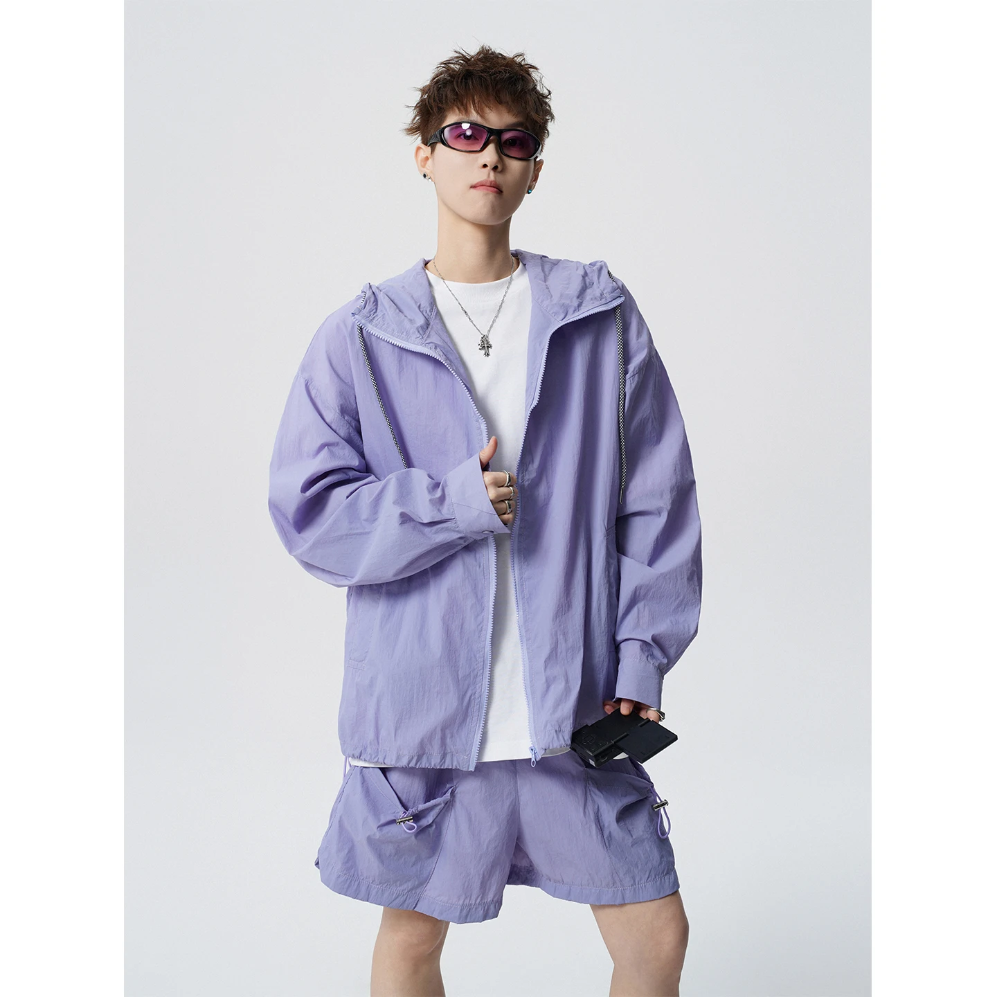 Men's Summer Outdoor Sunscreen Hooded Jacket Loose Unisex Sportswear with Shorts Thin Breathable Lightweight Clothing