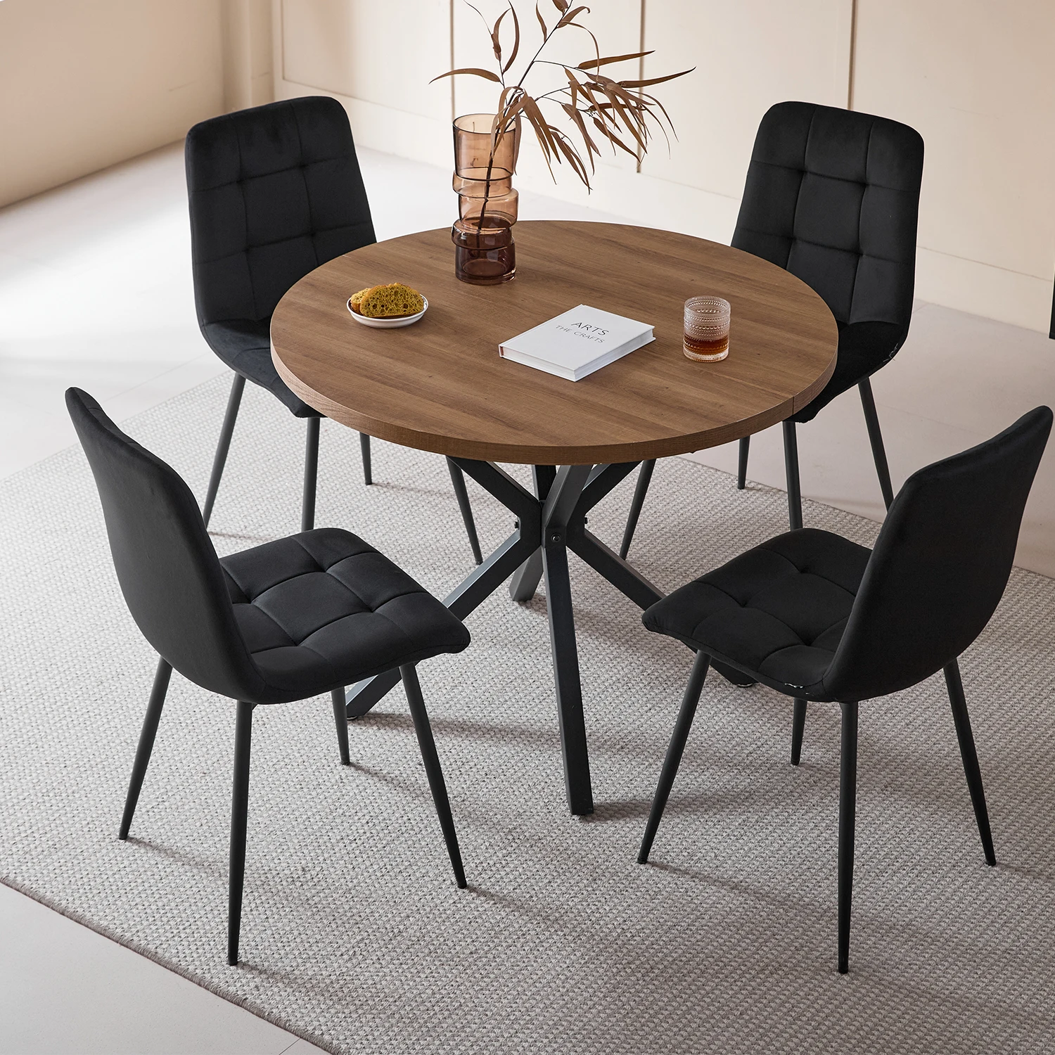 GrandCA HOME 4x fluwelen eetkamerstoelen + ronde eettafel, 100cm ronde eettafelset met gestoffeerde stoelen voor de woonkamer