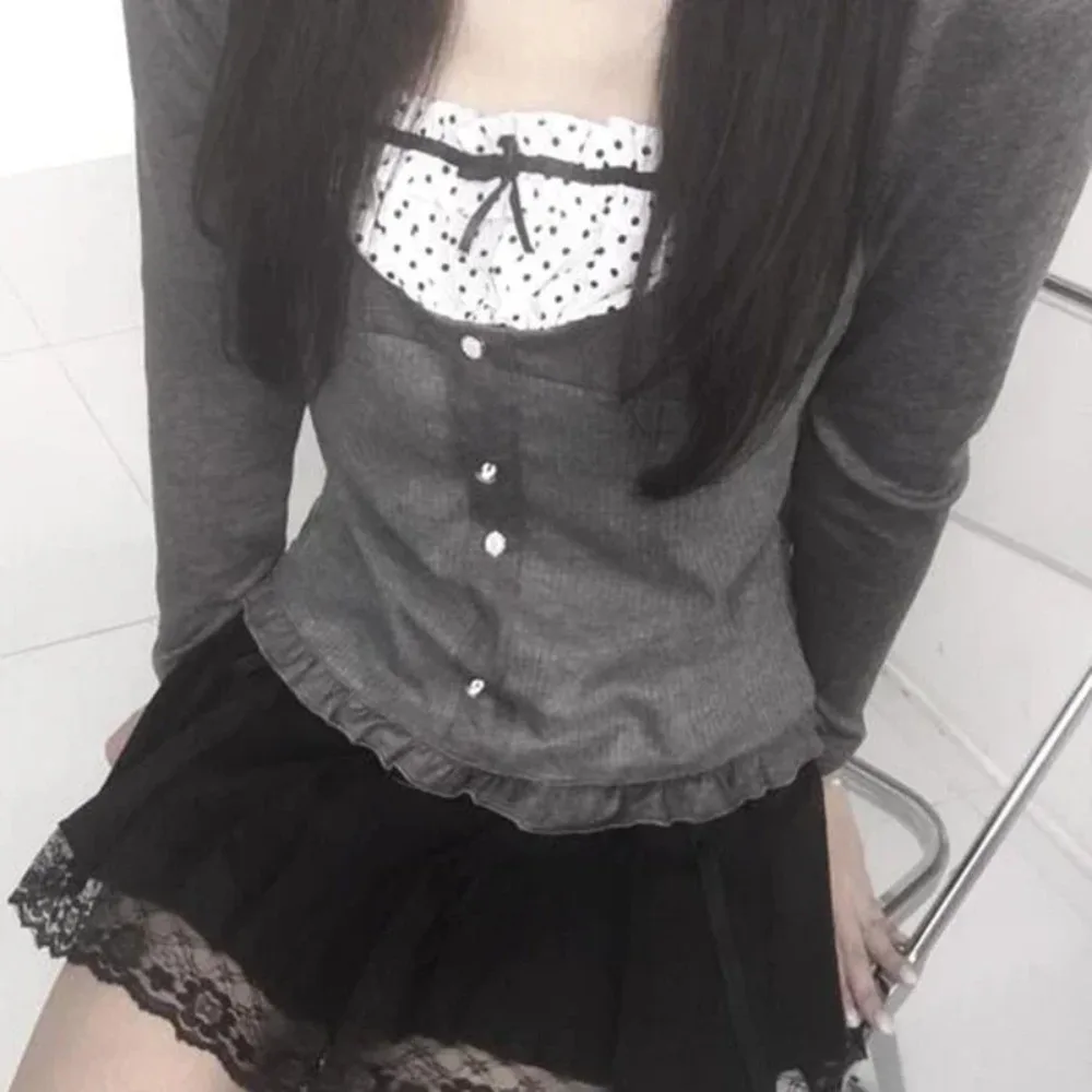 2025 Y2K Polka Dot Print Contrast Patchwork Knitted Tops Grey Autumn Spring Cute Bow T-shirts Slim-fit Long Sleeve Knitwear