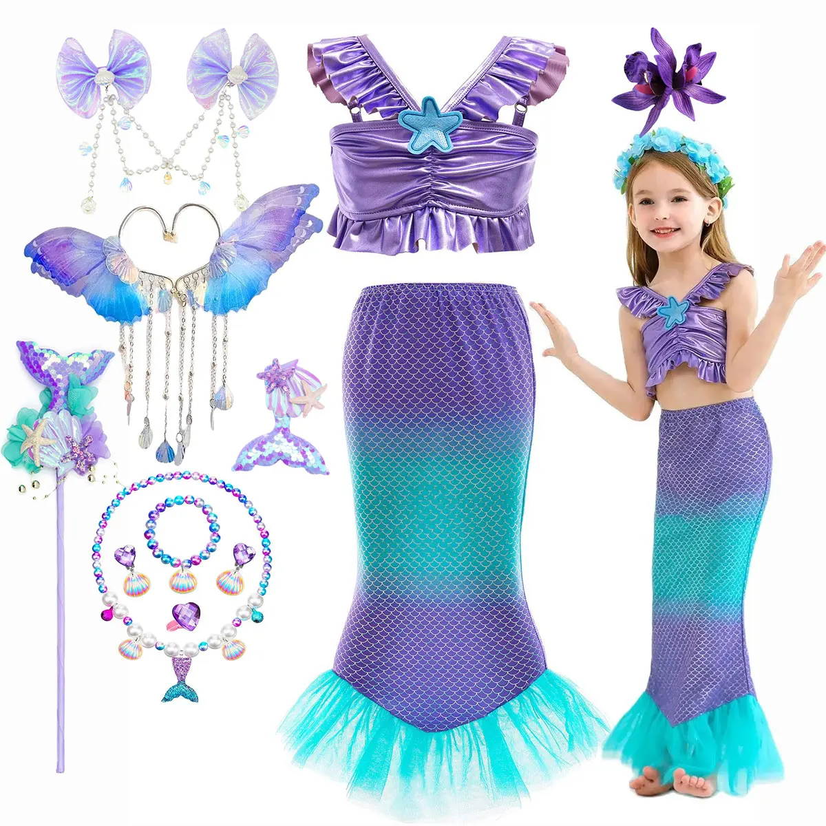 Disney Little Mermaid Ariel Princess Costume Cosplay Children Carnival Birthday Purple Sling Two Piece Set Princess Dresses