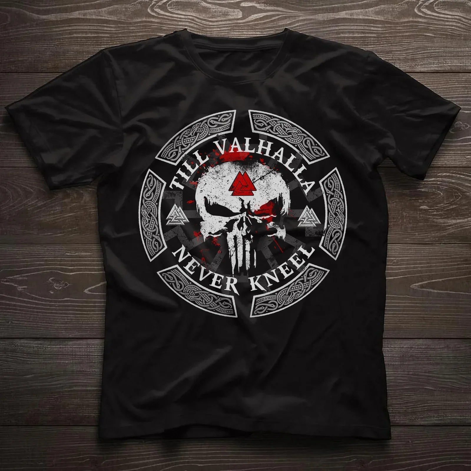 Till Valhalla Never Kneel. Valknut Rune Vikinger Warriors Skull T-Shirt. Summer Cotton Short Sleeve O-Neck Mens T Shirt S-3XL