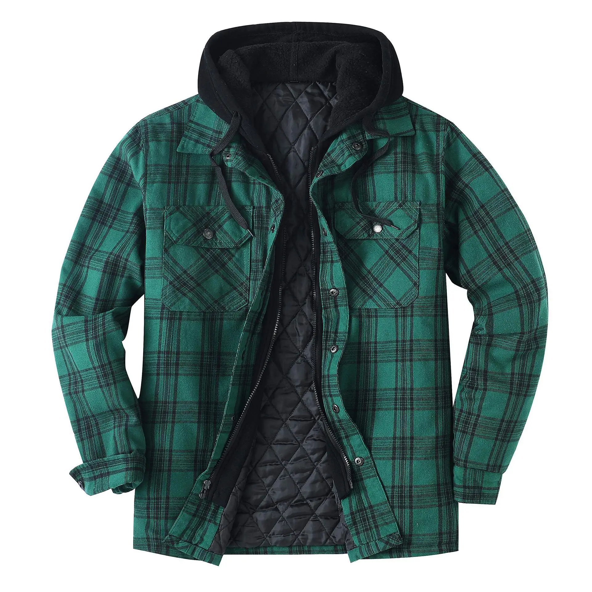 

Men's Flannel Jacket with Removable Hood 5 Pockets Plaid Quilted Lined Winter Coats Thick Hoodie Outwear Fleece Jacket