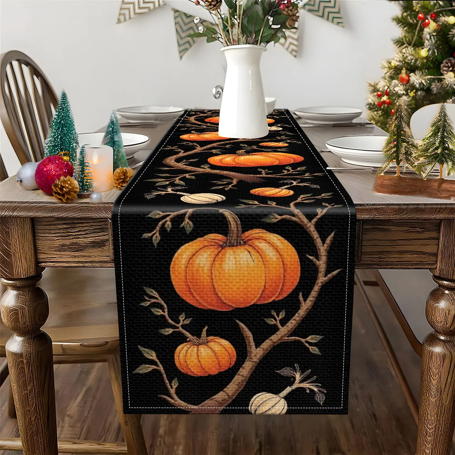 1 Piece of Autumn-Themed Table Runner with Pumpkins, Vines, and Branches, Suitable for Fall and Thanksgiving Decorations