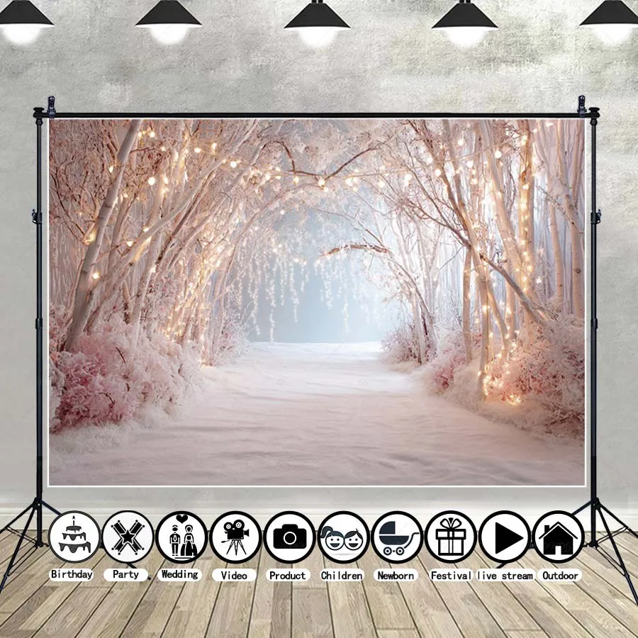 

MOON.QG Christmas Winter Trees Backgrounds For Photographs Path Pink Glitter Light Backdrop Child Party Decorations Photo Studio