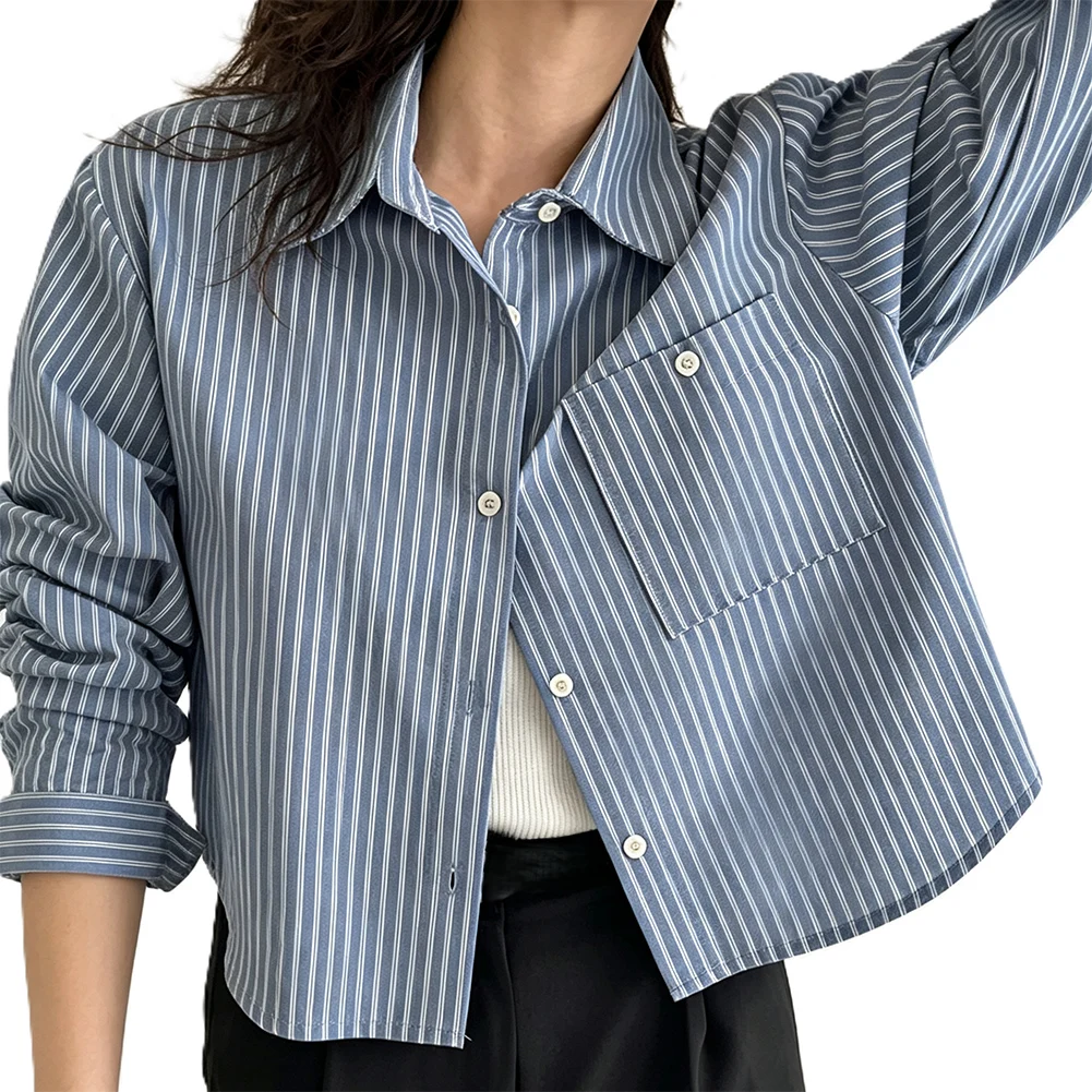 Button Open Front Blouse Blouses Fashion Vacation Blouse XL Stripe Button Front for top Polyester Fabric Blend New Condition