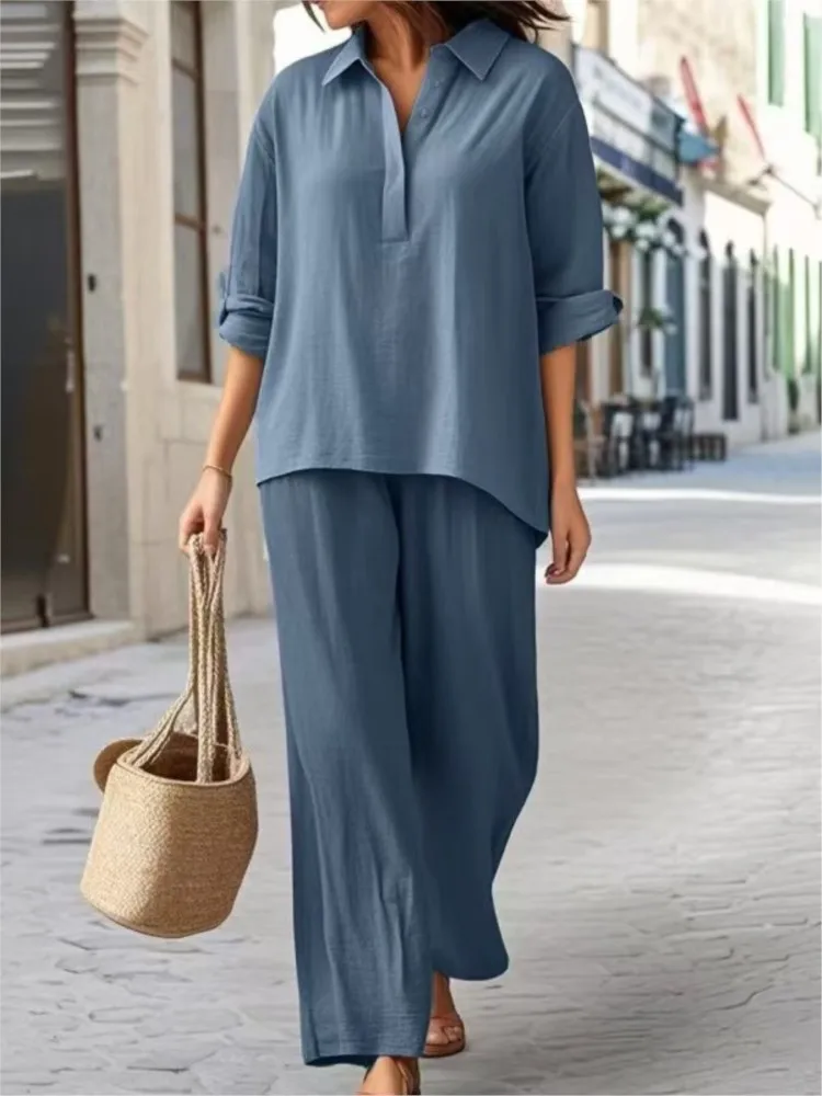 

Casual Cotton Linen Two Piece Sets For Women Lapel Long Sleeve Tops And Wide Legs Pants Set Female Fashion Loose Ladies Outfits