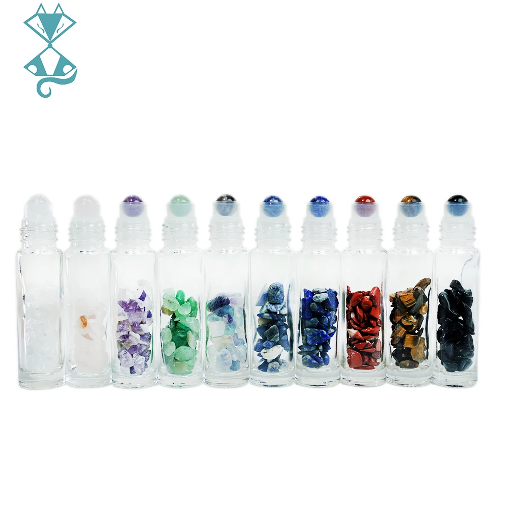 

10pcs Essential Oil Bottles Refillable Roll-On Roller Storage Bottle Healing Crystal Chips Semiprecious Stones Bottle