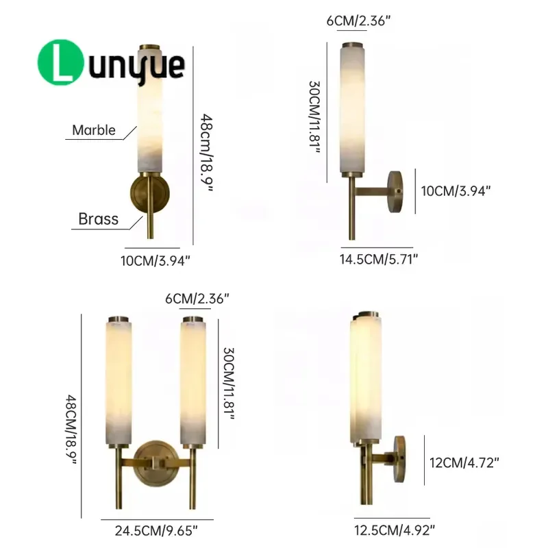 Modern Luxury Brass Alabaster Wall Lamp Slender Cylindrical Sconce for Villa Bedroom Bathroom Mirror Indoor Home Lighting