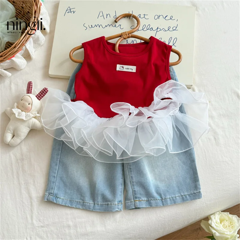 

Girls' Stylish Outfit Set Top Vest Denim Straight Pants New Sleeveless Summer Patchwork Two-Piece Trendy Style