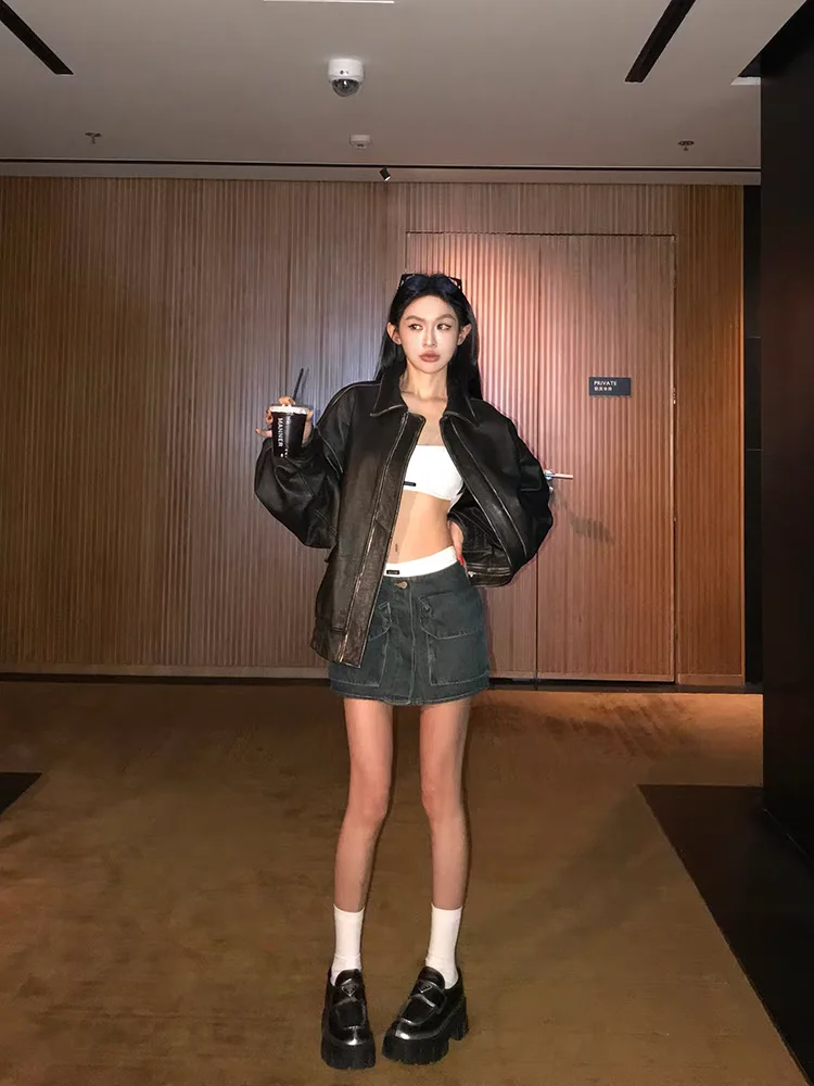 2025 جديد ربيع الخريف كول وسيم ريترو المتضخم المتعثرة البني لينة فو سترات من الجلد للنساء سستة المدرج الموضة