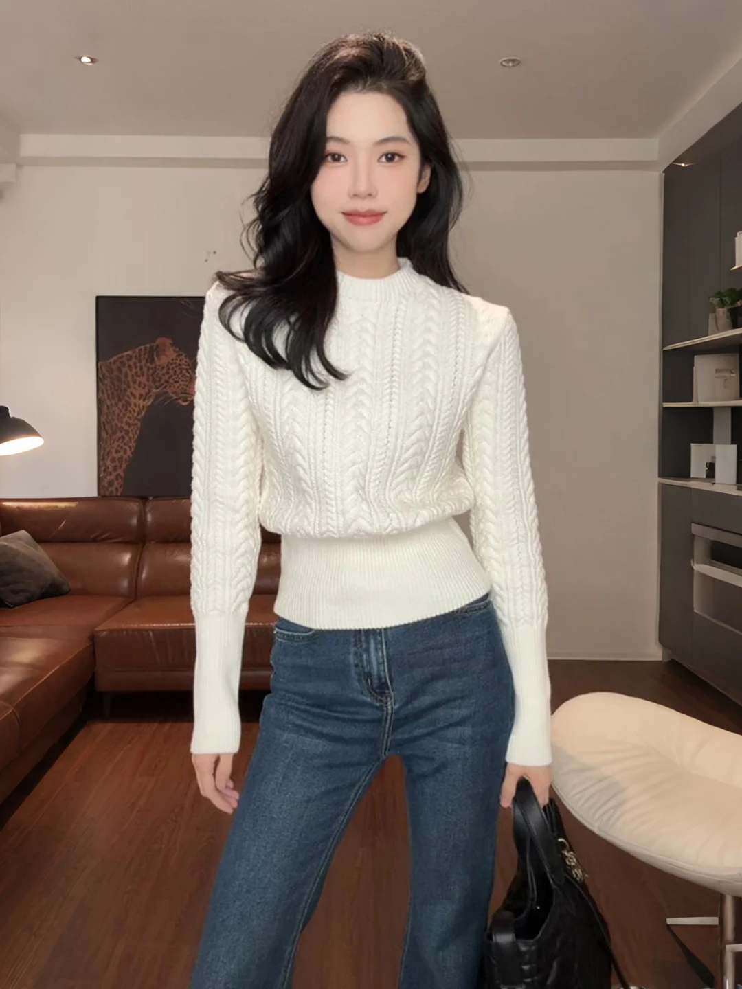 

Thiened вязаный свитер женский осенне-зимний Faion Lazy Sle с поясом Ne Design длинный свек с круглым воротником цветной топ