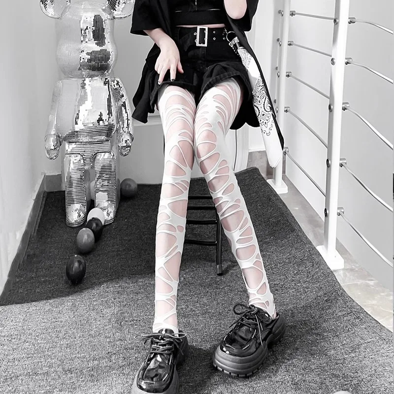 2024 Japanese Punk Hollow Fishnet Stockings Girls White Lolita Tights Ragged Pantyhose Party Socks Gothic Black Women Stockings