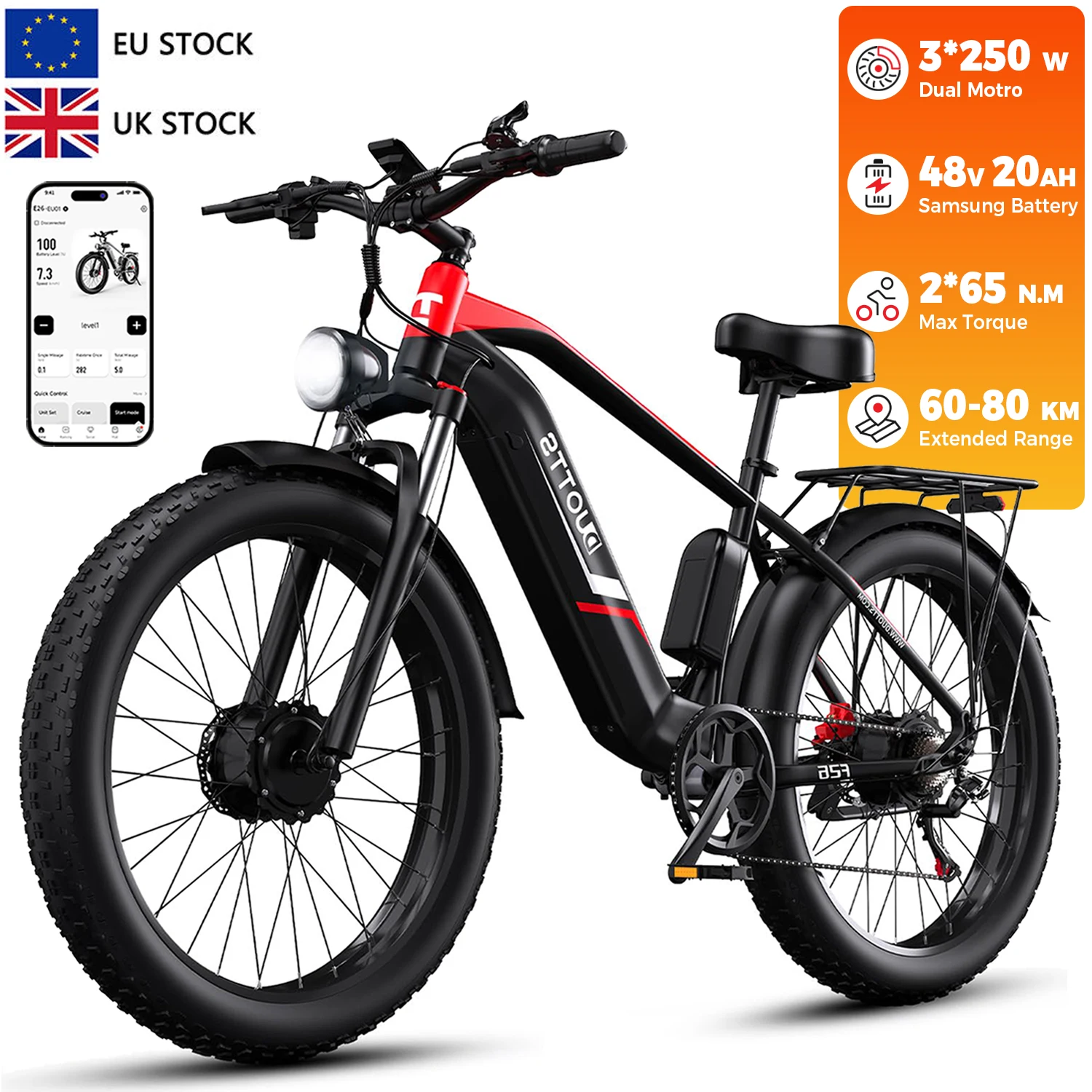 

Customizable Duotts F26 Lite Dual Motor Electric Bicycle E Bike Dirt Mountain 26 Inch Fat Tire Ebike E-Bike Bicicleta ElectricaW