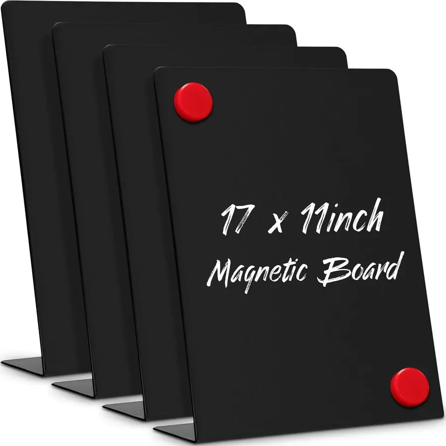 

4 Pcs Magnetic Bulletin Board with Easel Stand Mini Black Magnet Metal Tabletop Memo Display Board for Back to School Menu Table
