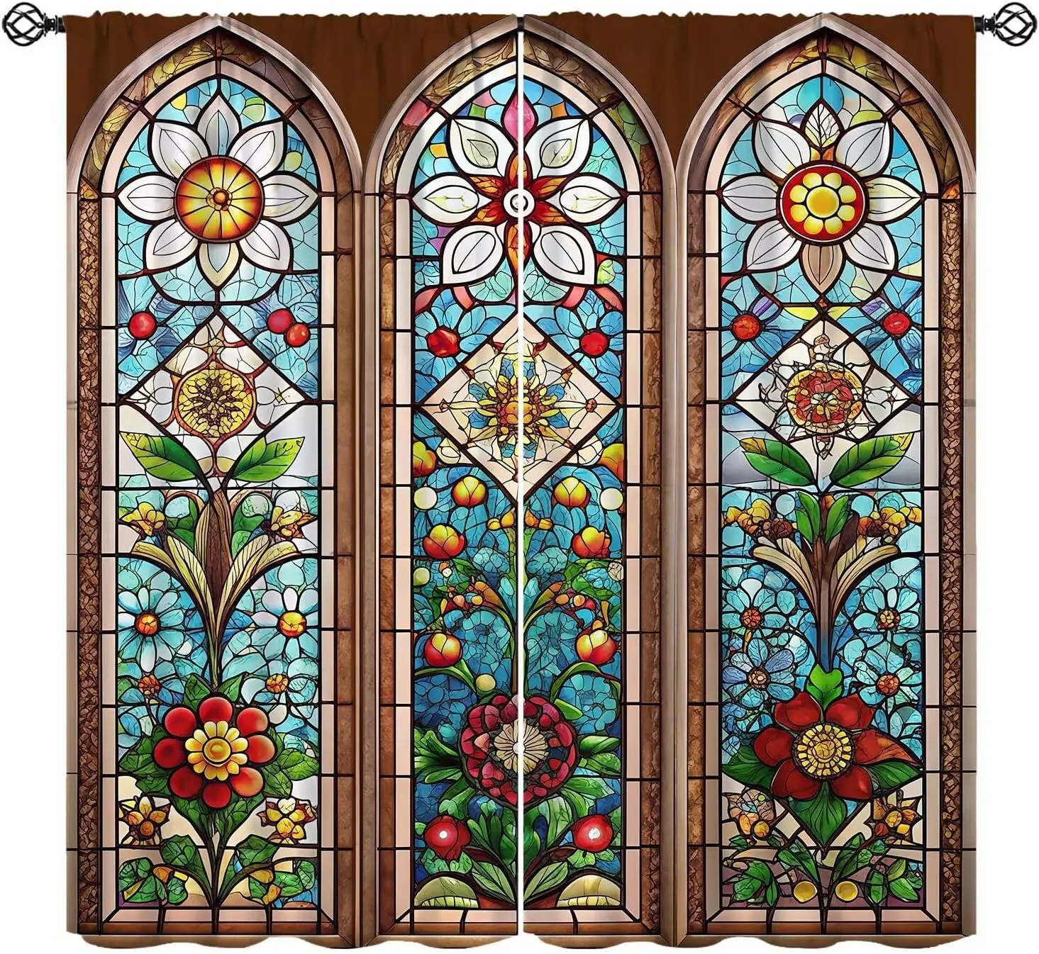Antique Stained Glass Curtains,Ornate Tulip Floral Leaves Tile Abstract Blackout Rod Pocket Window Treatments  Hotel Apartment