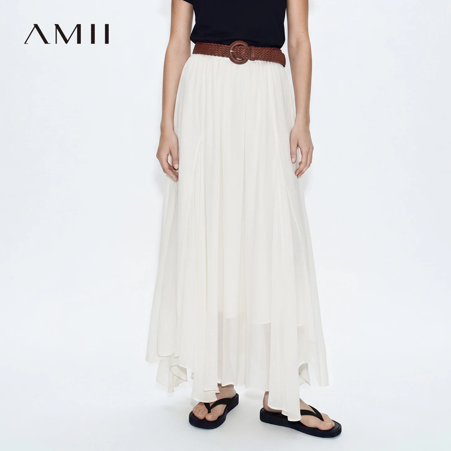 Amii Women's Chiffon Skirt 2026 Summer New Asymmetric Hem Romantic Flowy Casual Elastic Waist Long Skirt For Women 12652049