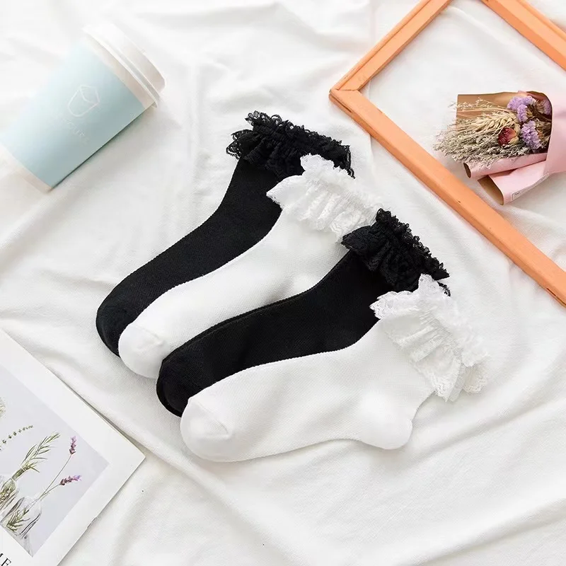 Women Socks Lace Lolita Jk Japanese Style White Black Solid kawaii Girl Cotton Cute Ankle Socks For Famale носки женские