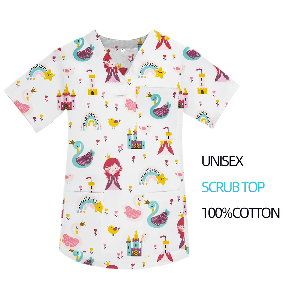 

Медицинская униформа унисекс: топ для женщин и мужчин, мягкий хлопок, короткий рукав, с принтом, для медсестер, хирургическая одежда, принт «Принцесса»