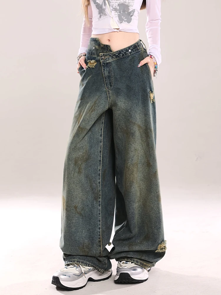 Retro Distressed Wide Leg Straight Cut Jeans Women's Summer New High Waist Loose Casual Drapey Denim Pants Black Long Trousers