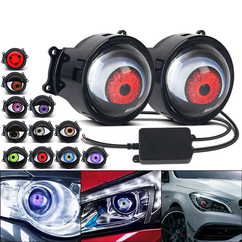 2 in1 Car Dynamic Devil Eye Moto Decorative Headlight Demon Eye Universal Modification Headlights 3D Lens Design Remote Control