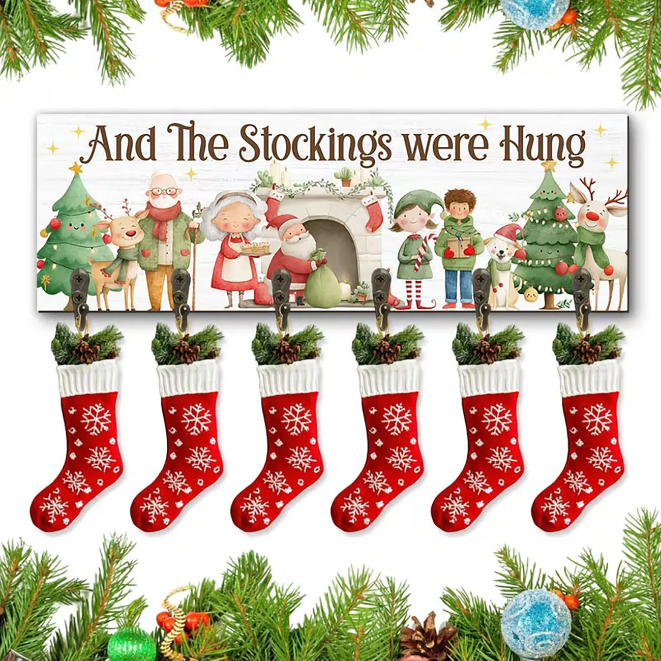 Christmas stocking hanger with Santa family print, six hooks, warm festive wall decor for home.