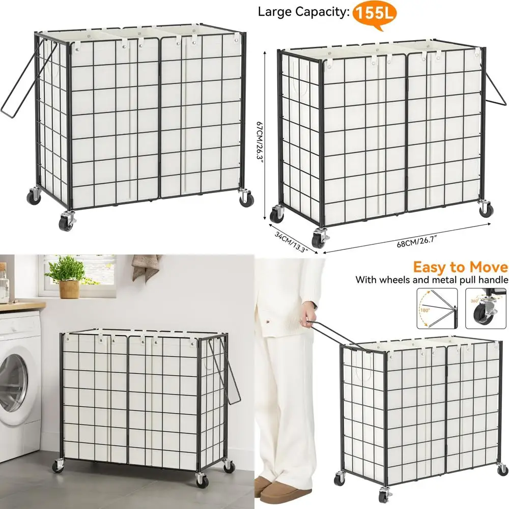 Rolling Metal Wire Laundry Hamper with 3 Removable Bags, 150L Capacity for Dirty Clothes Storage Solutions