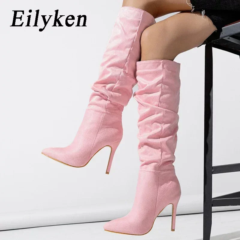 Eilyken Autumn Winter Fashion Pleated Pointed Toe Women Knee-High Boots Fashion Modern Long Booties Thin Heels Female Shoes