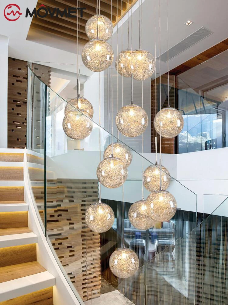 

Staircase Long Chandelier Glass LED Iron Foyer High Ceiling Pendant Lighting For Villa Duplex Entryway Living Room Bedroom Home