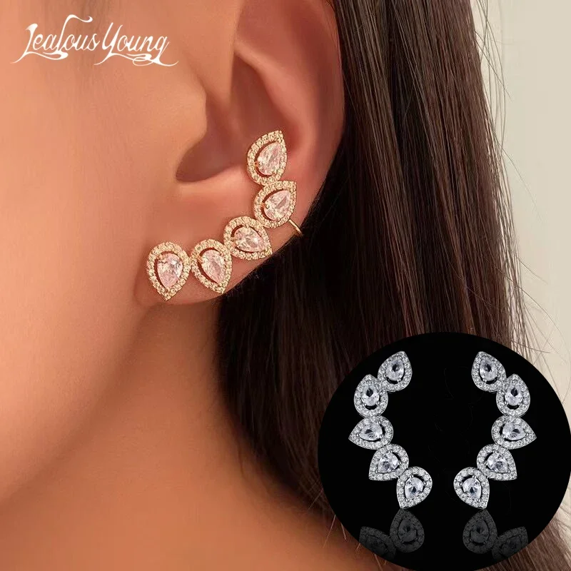 Luxury Pear Cut Cubic Zircon Cuff Stud Earrings for Women Fashion Silver Color Flower Stud Earings Jewelry Boucle Oreille Femme