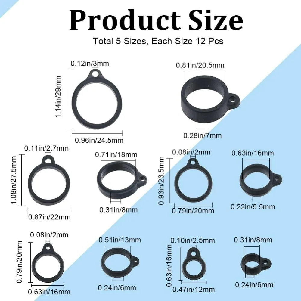 60PCS 5 Sizes Black Anti-Lost Rubber Rings 20.5/18/ 16/13/ 8mm Inner Diameter Adjustable Holder Necklace Lanyard