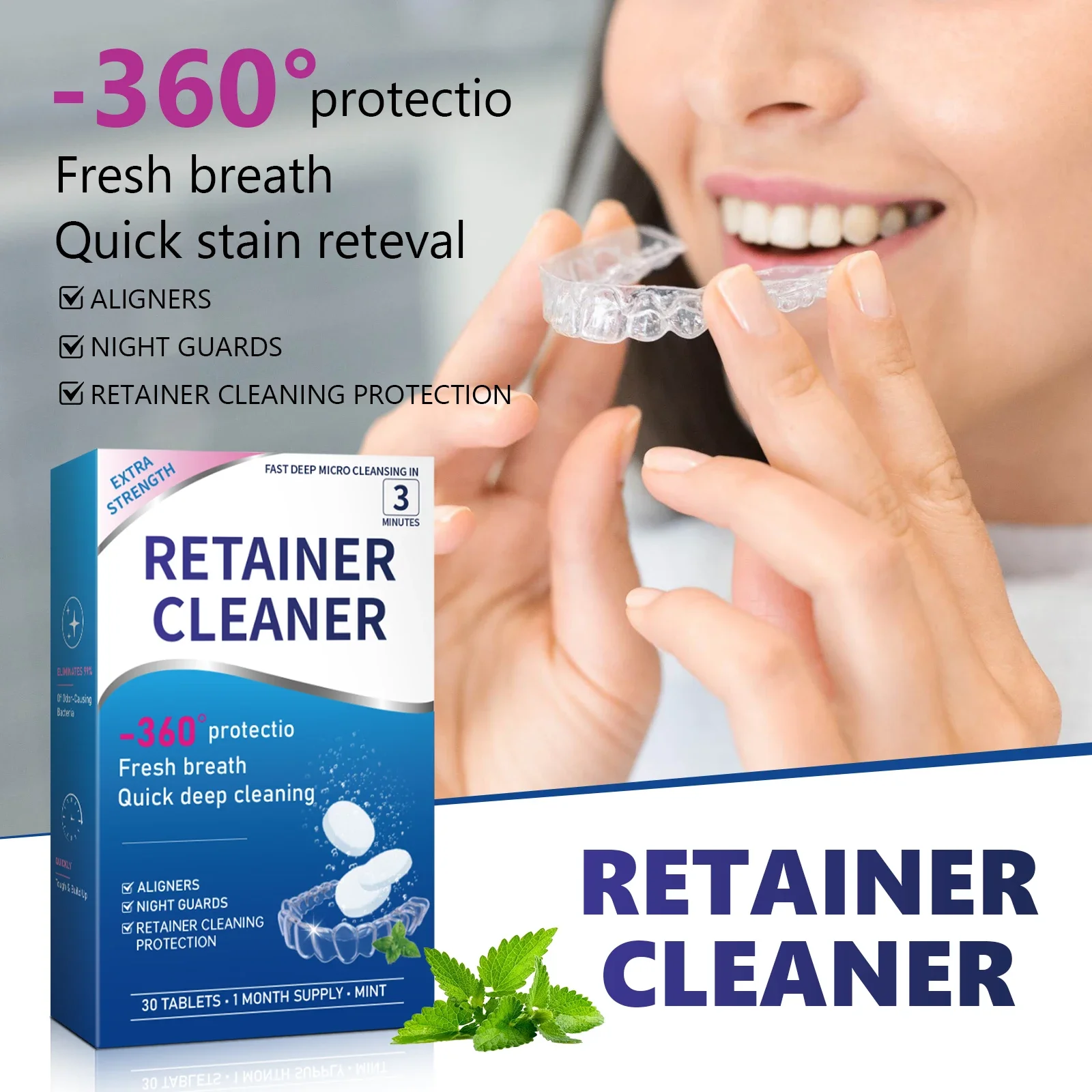 Effervescent Denture Cleaner Tablets 30 Pack - Deep Cleaning for Dentures & Retainers, Portable & Full Care Solution.
